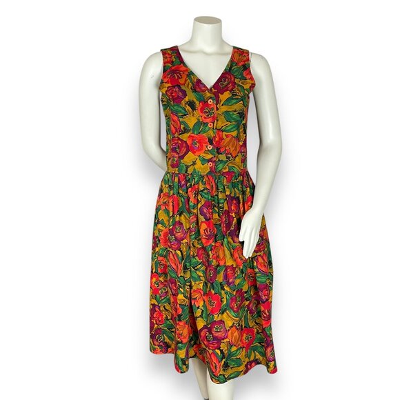 Vintage Dress‎ Jumper Floral Handmade Bright Midi Autumn Dropped Waist V-Neck - Picture 13 of 14